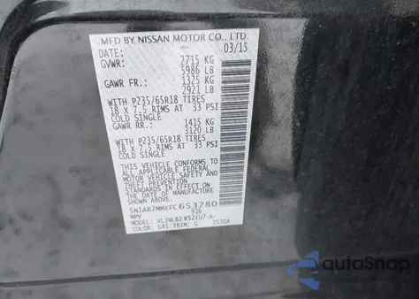 2015 Nissan Pathfinder S из США, поврежденный, VIN 5N1AR2MMXFC653280